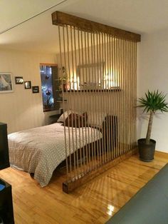 a bed room with a neatly made bed next to a tv and a plant on the floor