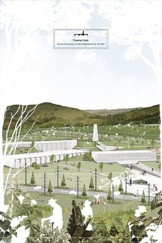 an illustrated view of a park with trees and people walking around in the distance, surrounded by greenery