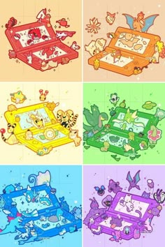 four different colored pictures with cartoon animals on them