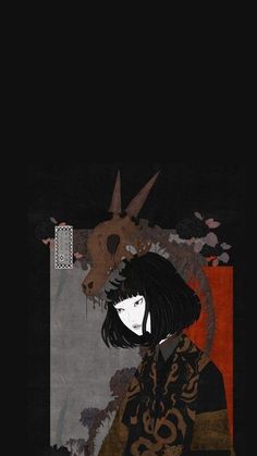 a woman with long black hair standing in front of a goat on a dark background