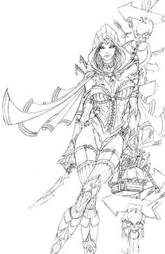 a drawing of a female character in armor