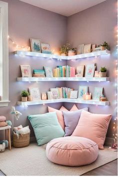 Girl’s Room Ideas, Reading Corner In Nursery, Kid Reading Nooks, Cozy Book Reading Corner, Girls Reading Nook Ideas, Two Girls Room Ideas, Kids Reading Nook In Bedroom, Cool Rooms For Girls, Kids Reading Nook Corner