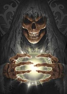 a skeleton holding a glowing orb in his hands