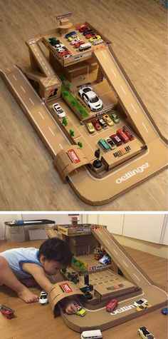 two pictures with cars on the floor and one has a cardboard race track in it