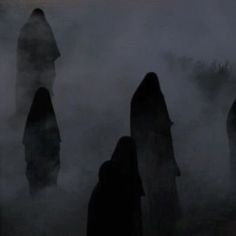 silhouettes of people standing in the fog