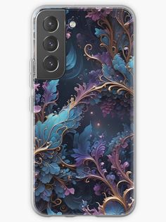 a blue and purple phone case with an intricate design on the front, featuring leaves and flowers