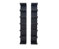 two black bookshelves sitting next to each other on a white background with one open and the other closed