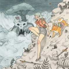 a drawing of a woman on top of a mountain next to a dog and other animals