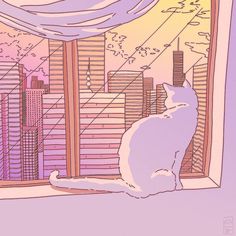 a cat sitting in front of a window looking out at the city