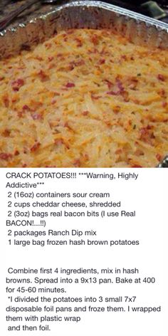 the recipe for baked potato casserole is shown in an image above it's description