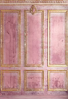 an empty room with pink walls and gold trim