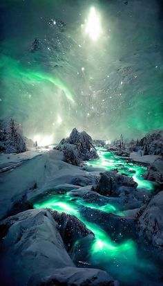 the aurora lights shine brightly in the sky above snow covered mountains and streambeds