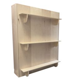 a wooden shelf with two shelves on one side and an empty shelf on the other