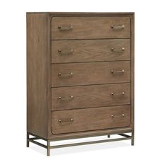 the chest of drawers is made from wood and has five drawers, one with metal handles