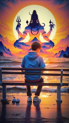 a person sitting on a bench in front of a painting with an image of a buddha