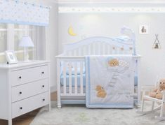 a baby's room with teddy bears and cribs