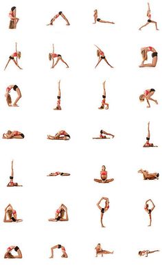 a woman doing yoga poses on her stomach and back, all in different positions with their legs spread out