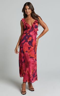 Alessa Midi Dress - V Neck Frill Detail Empire Waist Back Cut Out Dress in ADEANA PRINT Flirty Ruched V-neck Maxi Dress, Flirty V-neck Ruched Maxi Dress, Flirty V-neck Midi Dress For Cocktail, Floral Print V-neck Cocktail Dress, Flirty Ruched V-neck Dress, Flirty V-neck Maxi Dress For Evening, Date Night V-neck Ruffled Dress With Surplice Neckline, Floral Print V-neck Midi Dress For Night Out, Ruffled V-neck Cocktail Dress For Summer