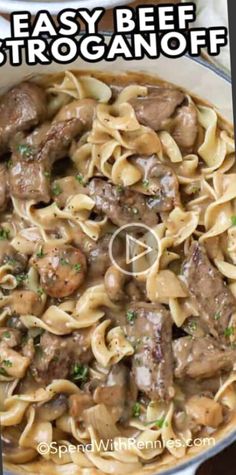 beef and mushroom stroganoni in a skillet with the words easy beef stroganonoff