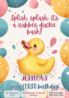 Make a splash with our Editable Rubber Duckie Birthday Invitation! Perfect for a 1st birthday party with a bath time theme, this cute duck party invite template is ideal for celebrating your little girl’s special day. Easily customizable and available as an instant download, personalizing your invitation is quick and easy. Add your event details and get ready for a quacking good time! 🦆🎈 #RubberDuckieParty #1stBirthdayInvite Duck Themed 3rd Birthday, Duck Bday Theme, Rubber Duck Birthday Theme, Duck Themed 2nd Birthday Party, Duck Theme Birthday Party, Duck Themed Birthday Party, Duck Themed 1st Birthday, Rubber Duck Invitation, Rubber Ducky Birthday Party