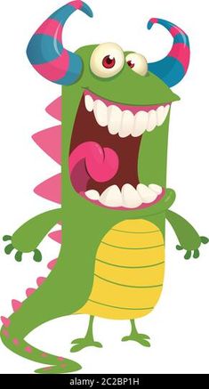 a cartoon green monster with horns and big teeth - stock photo