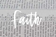 the word faith written in white on top of a newspaper with numbers and letters all over it