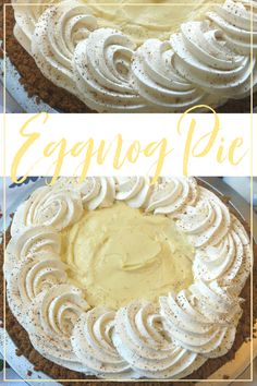 two pictures of a pie with white frosting on top and an eggnog pie in the bottom