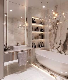 an elegant bathroom with marble walls and flooring