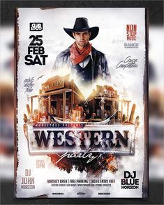 a western party flyer with a cowboy on it