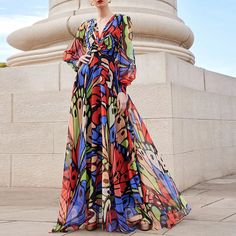 F00177765-104 V Neck Design, Butterfly Print Dress, Chiffon Maxi, Collar Designs, Chiffon Maxi Dress, Vacation Dresses, Dress Maxi, Summer Fashion Outfits, Long Sleeve Midi Dress