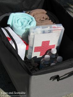 an open suitcase filled with personal care items and the words how to organize your car