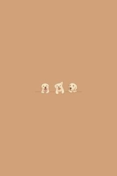 three little dogs are standing in the middle of a brown background with one dog's head sticking out