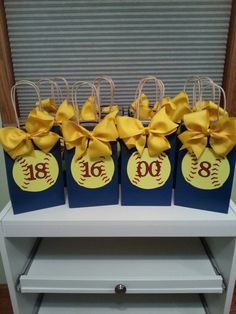 four bags with bows are sitting on a shelf in front of a window, decorated with the number eighteen