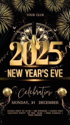 new year's eve party flyer with fireworks in the background and gold numbers on it