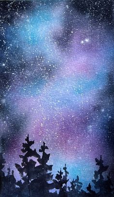 the night sky is filled with stars and trees