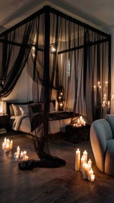 Gothic Romance Aesthetic Bedroom, Romantic Rooms Ideas, Black And Bedroom Ideas, Dark Home Design Ideas, Candlelit Bedroom Romantic, Light Modern Bedroom Ideas, Room With Canopy Bed Bedroom Ideas, Black Luxury Bedroom Ideas, Seductive Room Decor