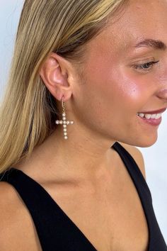 Glamorous Admiration Pearl Cross Hoop Earrings - Madison and Mallory Beaded Cross, Hair Accessories Gift, Blowout Sale, Earrings Beaded, Accessories Jewelry Necklace, Women Clothing Boutique, Clothing Boutique, Beauty Shop, Hat Hairstyles