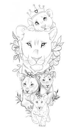 a drawing of a lion with two cubs on it's chest and one cub in the