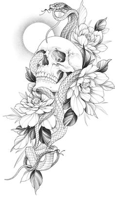 a drawing of a skull with flowers and a snake on it's head, in front of a full moon