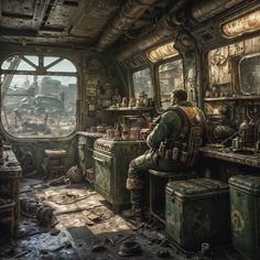 a man sitting in a room filled with lots of junk