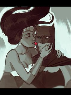 a drawing of a woman kissing a man with her face covered by a batman mask