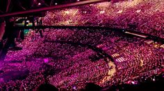 a large crowd at a concert with purple lights