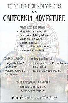 an advertisement for the california adventure park, with information about it's rides and attractions