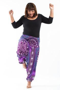 Plus Size Tribal Chakras Drop Crotch Women's Harem Pants in Purple Womens Harem Pants, Thai Harem Pants, Tie Dye Cotton, Comfy Pants, Print Kimonos