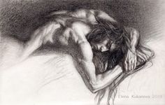 a pencil drawing of a naked woman laying on the ground with her head down and hands behind her back