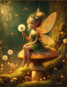 a fairy sitting on top of a mushroom with dandelions in her hand and holding a flower