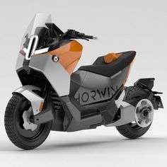 an orange and white motorcycle is shown in this image