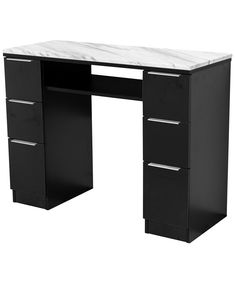 a black desk with white marble top and drawers on the bottom, against a white background