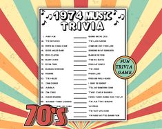 an old style poster with the words 70's music trivia written in it