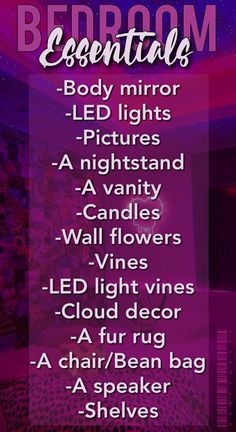 a purple and black poster with the words bedroom essentials written in white on it